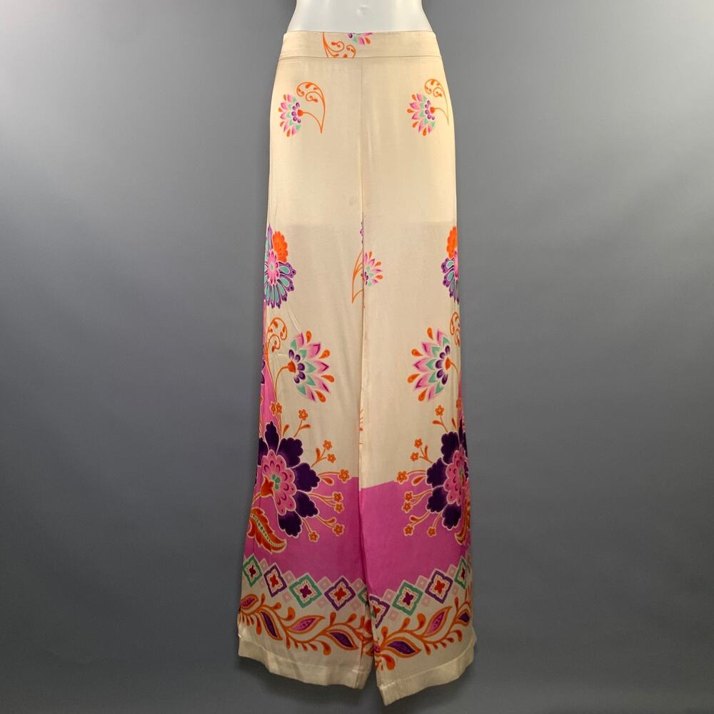 MIRTO Size L Tan Pink Silk Blend Floral Casual Pants